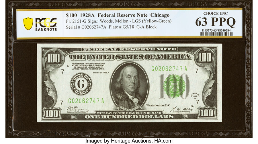 Fr. 2151-G $100 1928A Federal Reserve Note. PCGS Banknote Choice Unc 63 PPQ....