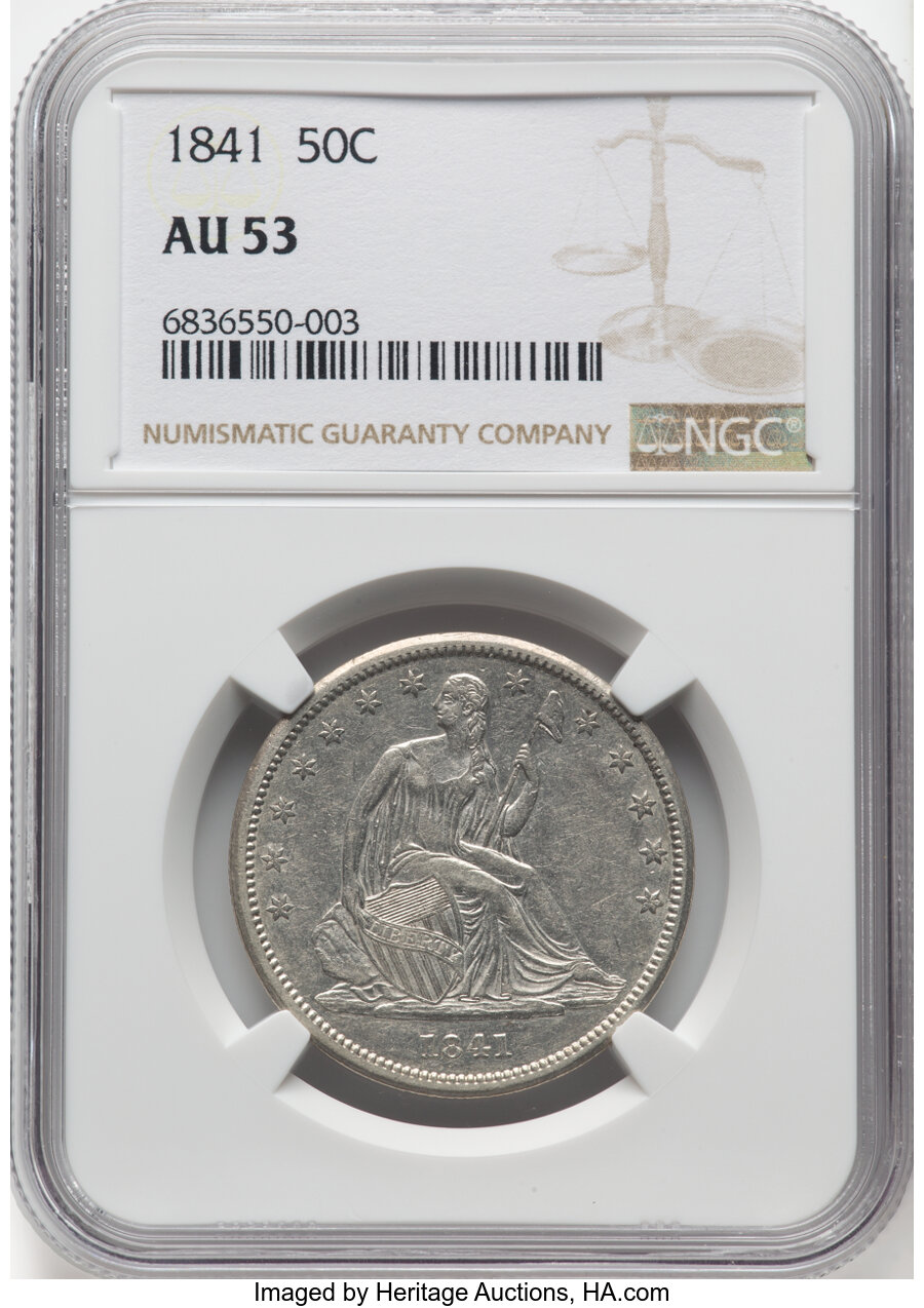 1841 50C AU53 NGC. NGC Census: (13/59). PCGS Population: (17/57). CDN: $600 Whsle. Bid for NGC/PCGS AU53. Mintage 310,000. ...