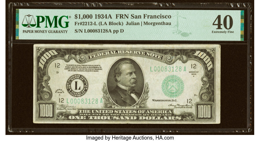 Fr. 2212-L $1,000 1934A Federal Reserve Note. PMG Extremely Fine 40....