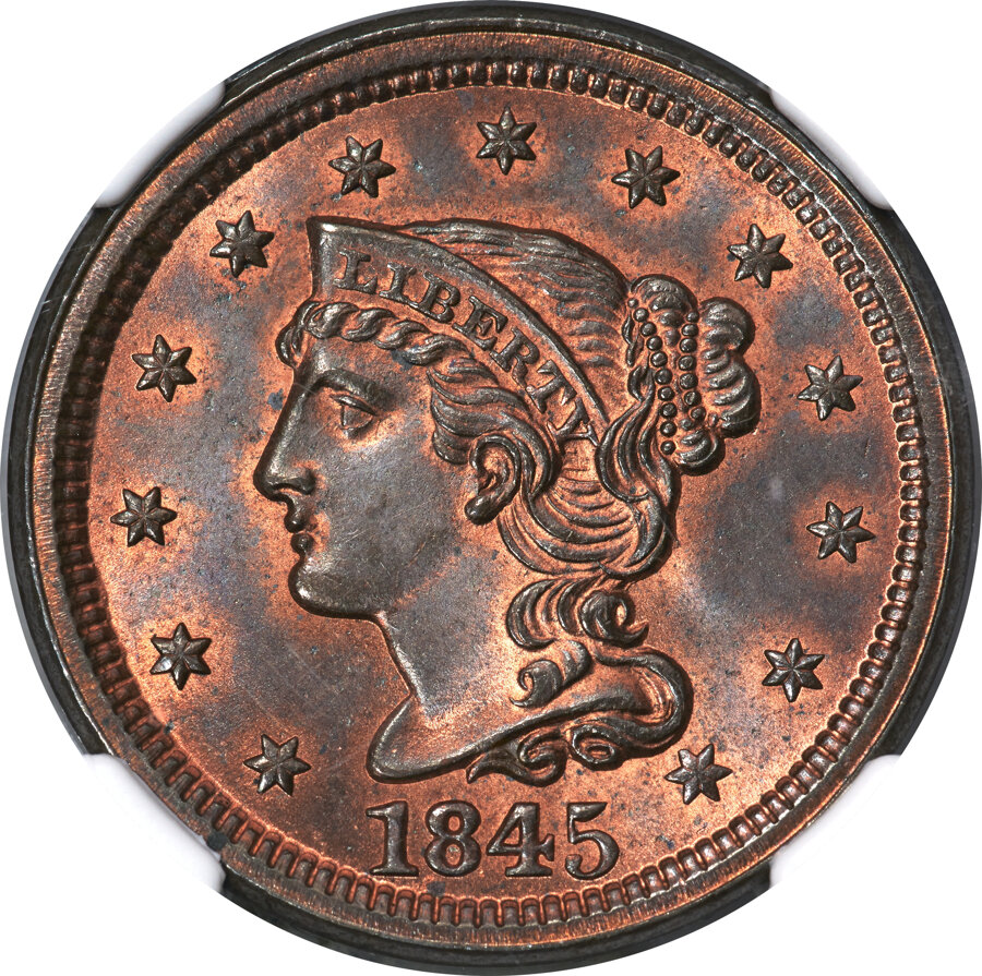 image for: 1845 1C N-2, R.1, MS66 Red and Brown NGC....