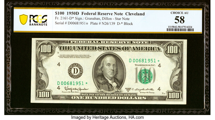 Fr. 2161-D* $100 1950D Federal Reserve Star Note. PCGS Banknote Choice AU 58....