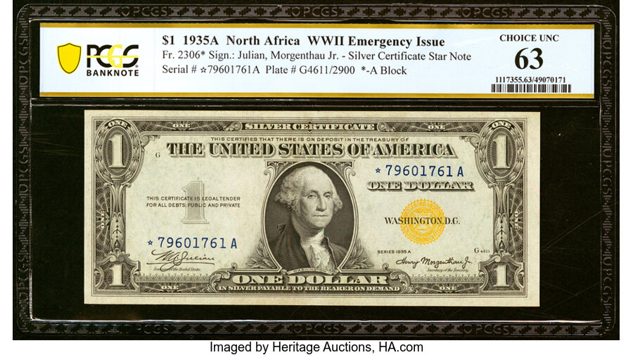 Fr. 2306* $1 1935A North Africa Silver Certificate Star PCGS Banknote Choice Unc 63....