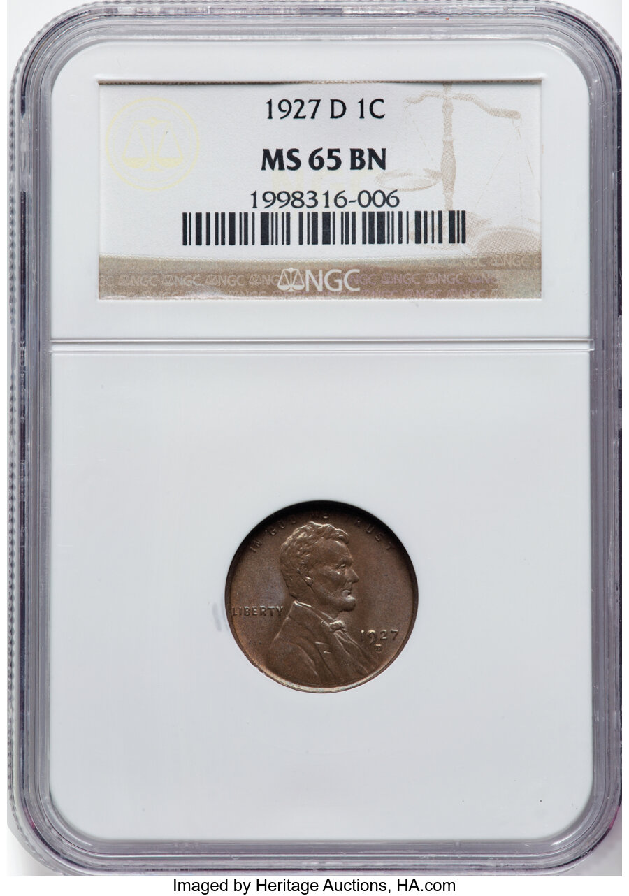 1927-D 1C MS65 Brown NGC. NGC Census: (26/2). PCGS Population: (25/2). CDN: $250 Whsle. Bid for NGC/PCGS MS65. Mintage 27,1...