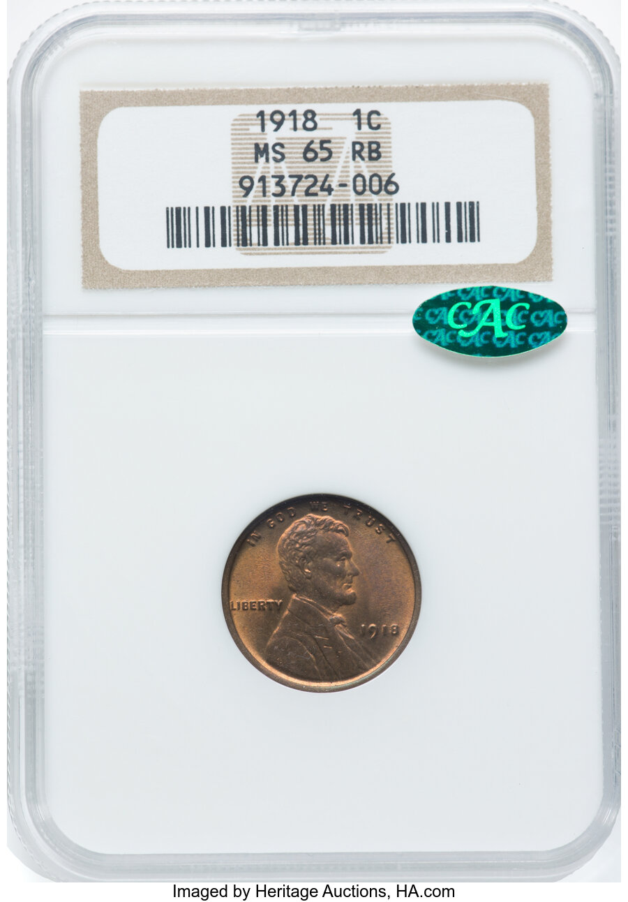 1918 1C MS65 Red and Brown NGC. CAC. NGC Census: (84/5). PCGS Population: (102/9). CDN: $200 Whsle. Bid for NGC/PCGS MS65. ...