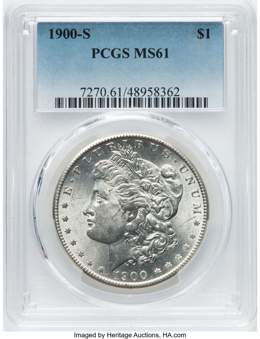 1900-S $1 MS61 PCGS. PCGS Population: (188/5647). NGC Census: (303/3018). CDN: $450 Whsle. Bid for NGC/PCGS MS61. Mintage 3...