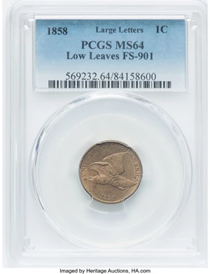 image for: 1858 1C Large Letters, Low Leaves, FS-901, MS64 PCGS. PCGS Population: (6/4). NGC Census: (0/0). CDN: $1,820 Whsle. Bid for...