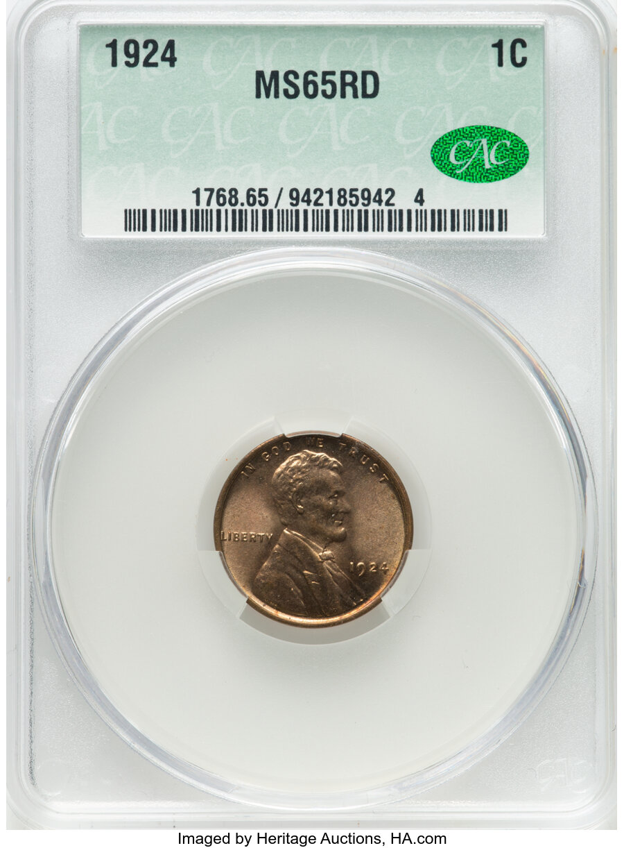 1924 1C MS65 Red CACG. Mintage 75,178,000....