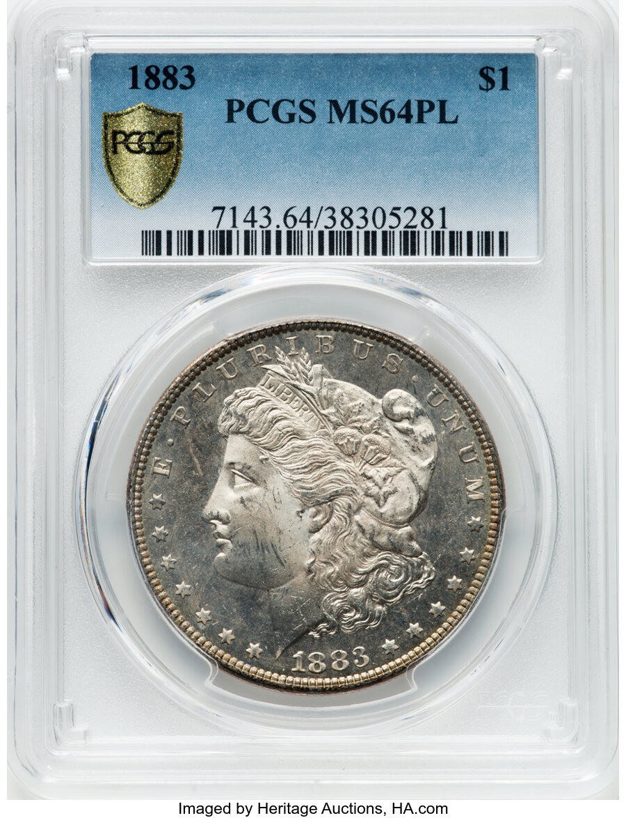 1883 $1 MS64 Prooflike PCGS. PCGS Population: (258/86 and 5/9+). NGC Census: (200/43 and 1/2+). CDN: $225 Whsle. Bid for NG...
