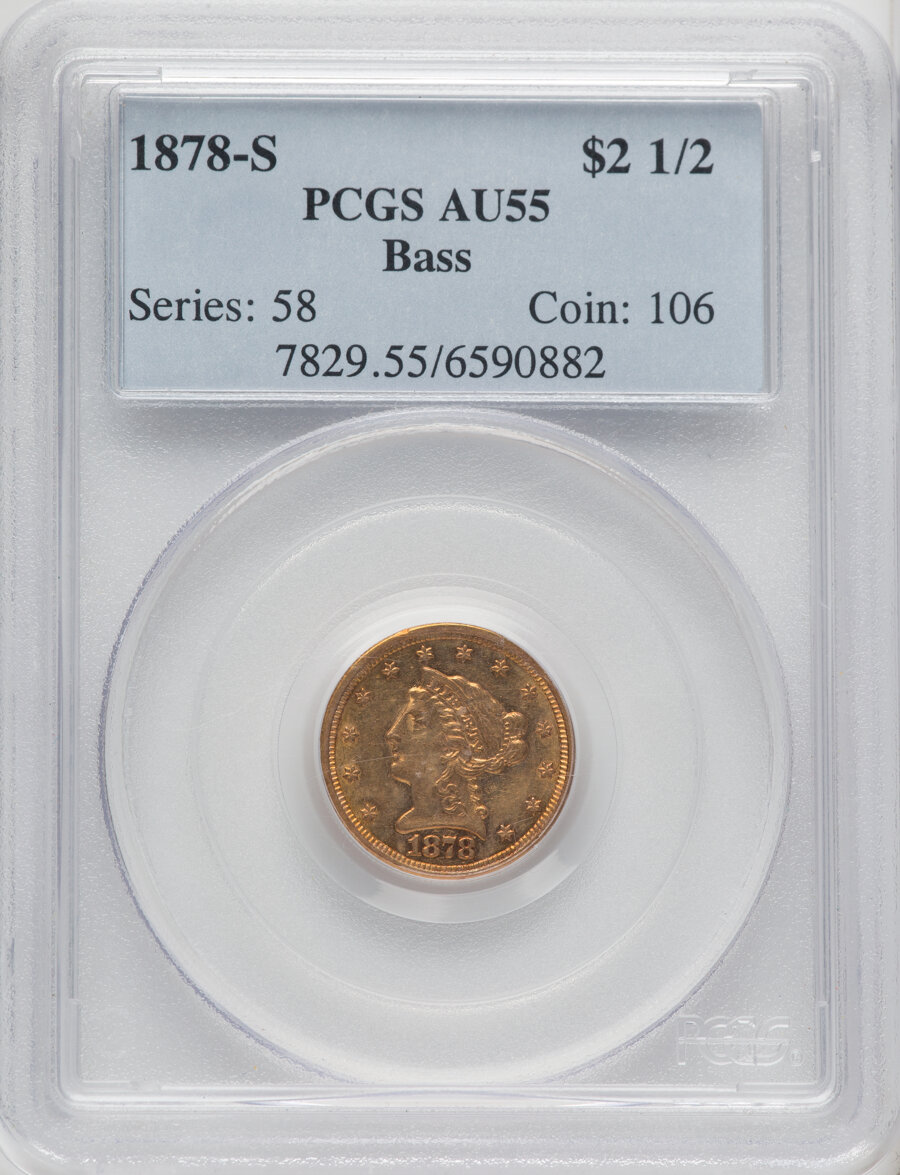 1878-S $2 1/2 AU55 PCGS. EX: Bass. PCGS Population: (123/363). NGC Census: (90/690). CDN: $398 Whsle. Bid for NGC/PCGS AU55...
