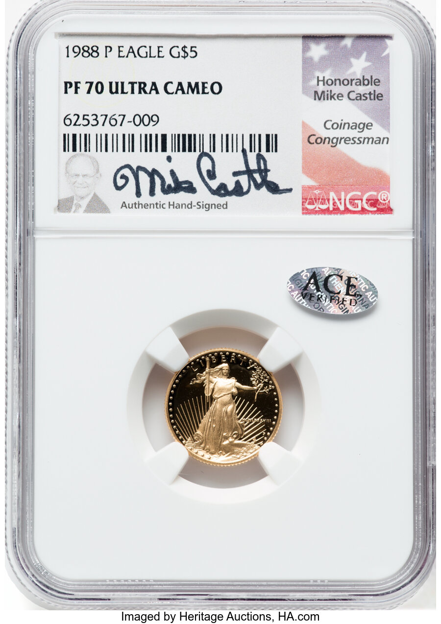 1988-P $5 Tenth-Ounce Gold Eagle PR70 Ultra Cameo NGC. The NGC insert is hand-signed by Mike Castle. NGC Census: (3149). PC...