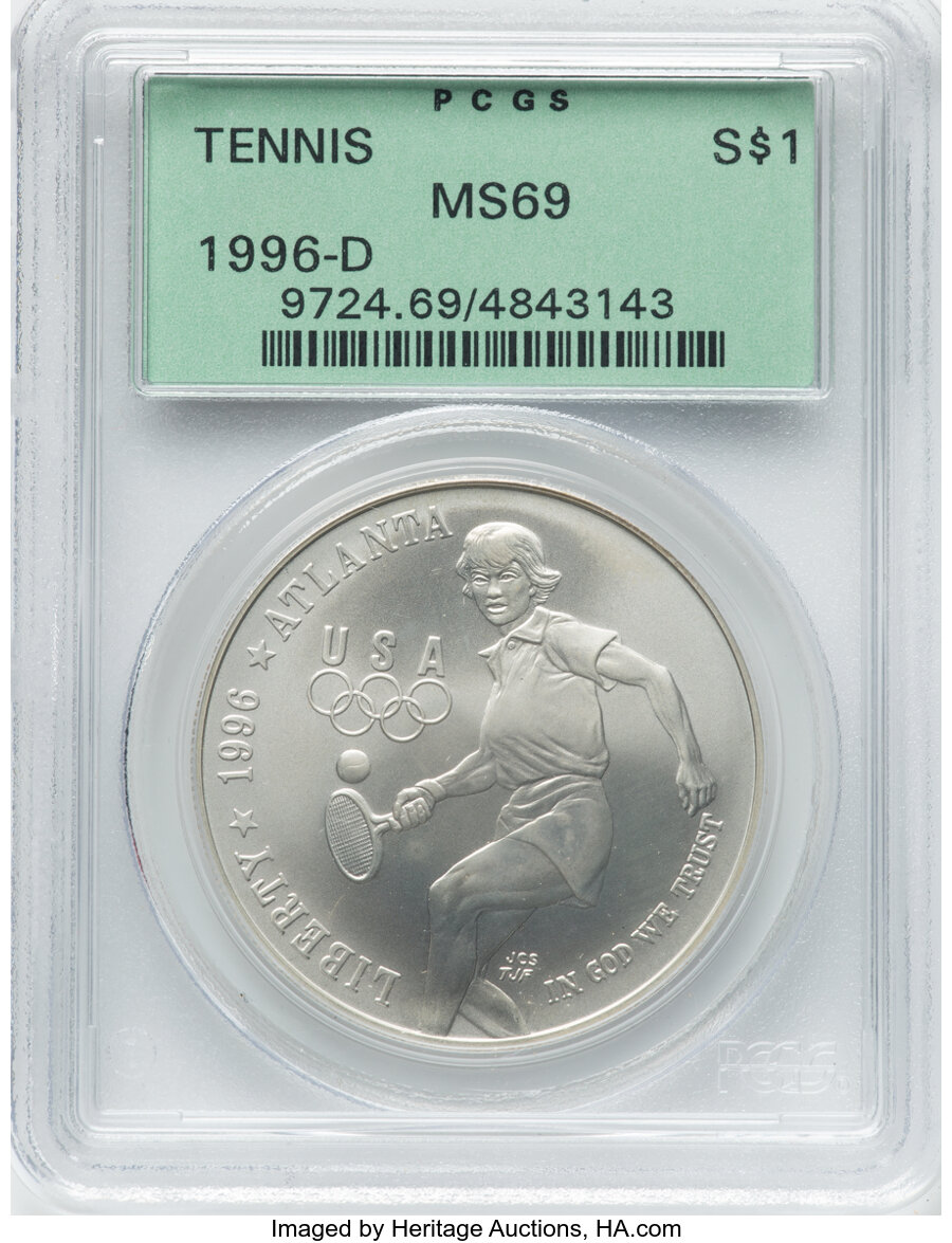 1996-D $1 Tennis MS69 PCGS. PCGS Population: (1132/179). NGC Census: (751/105). CDN: $110 Whsle. Bid for NGC/PCGS MS69. Min...