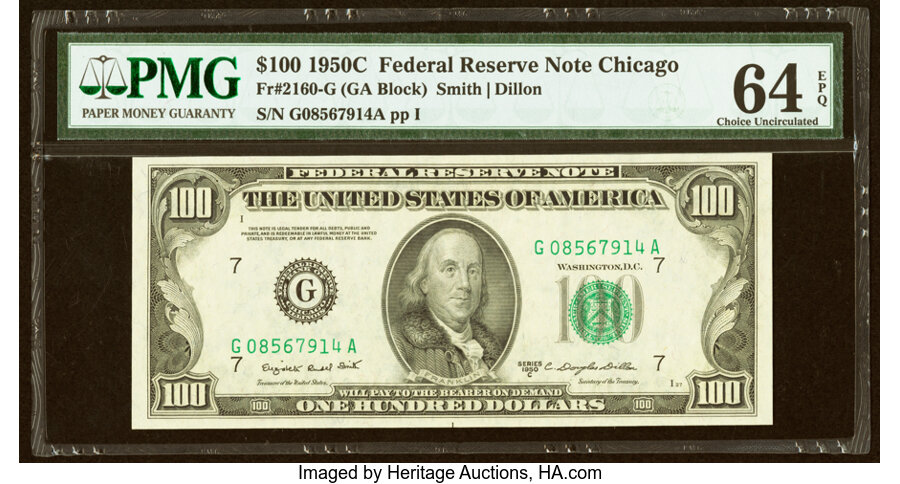 Fr. 2160-G $100 1950C Federal Reserve Note. PMG Choice Uncirculated 64 EPQ....