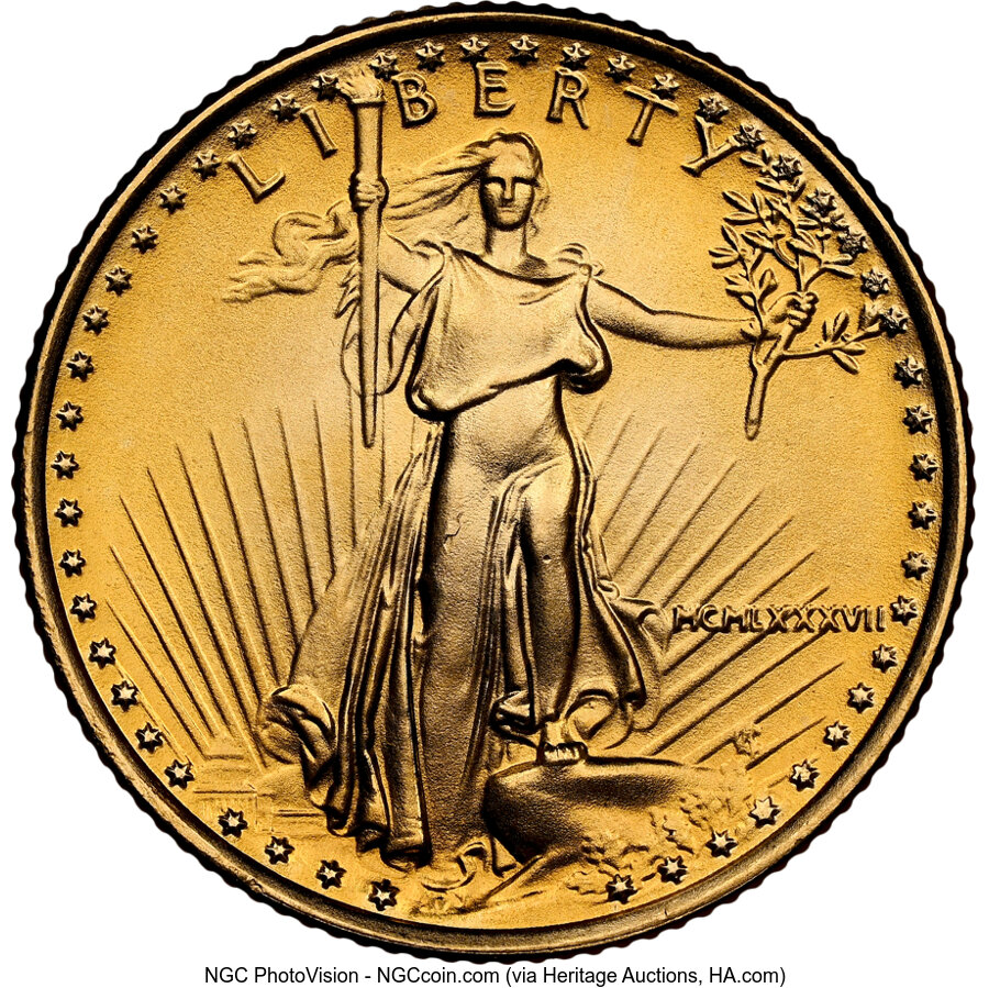 1987 G$5 Tenth-Ounce Gold Eagle MS69 NGC. NGC Census: (9558/1014). PCGS Population: (1899/168). CDN: $330 Whsle. Bid for NG...