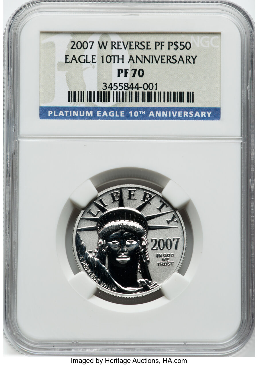 2007-W $50 Half-Ounce Platinum Eagle, Reverse Proof, 10th Anniversary PR70 NGC. NGC Census: (0). PCGS Population: (740). CD...