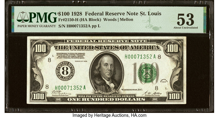 Fr. 2150-H $100 1928 Federal Reserve Note. PMG About Uncirculated 53....