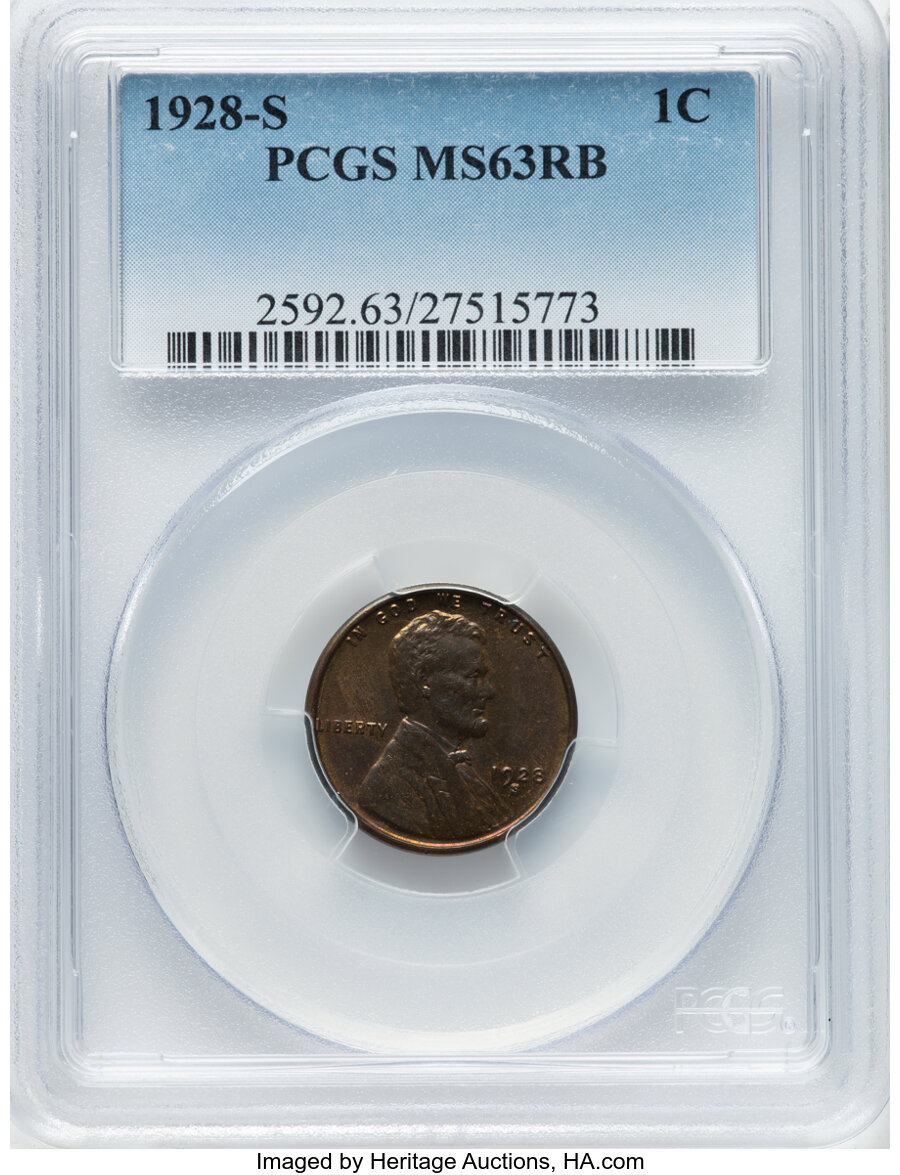 1928-S 1C MS63 Red and Brown PCGS. PCGS Population: (187/225). NGC Census: (70/119). CDN: $225 Whsle. Bid for NGC/PCGS MS63...