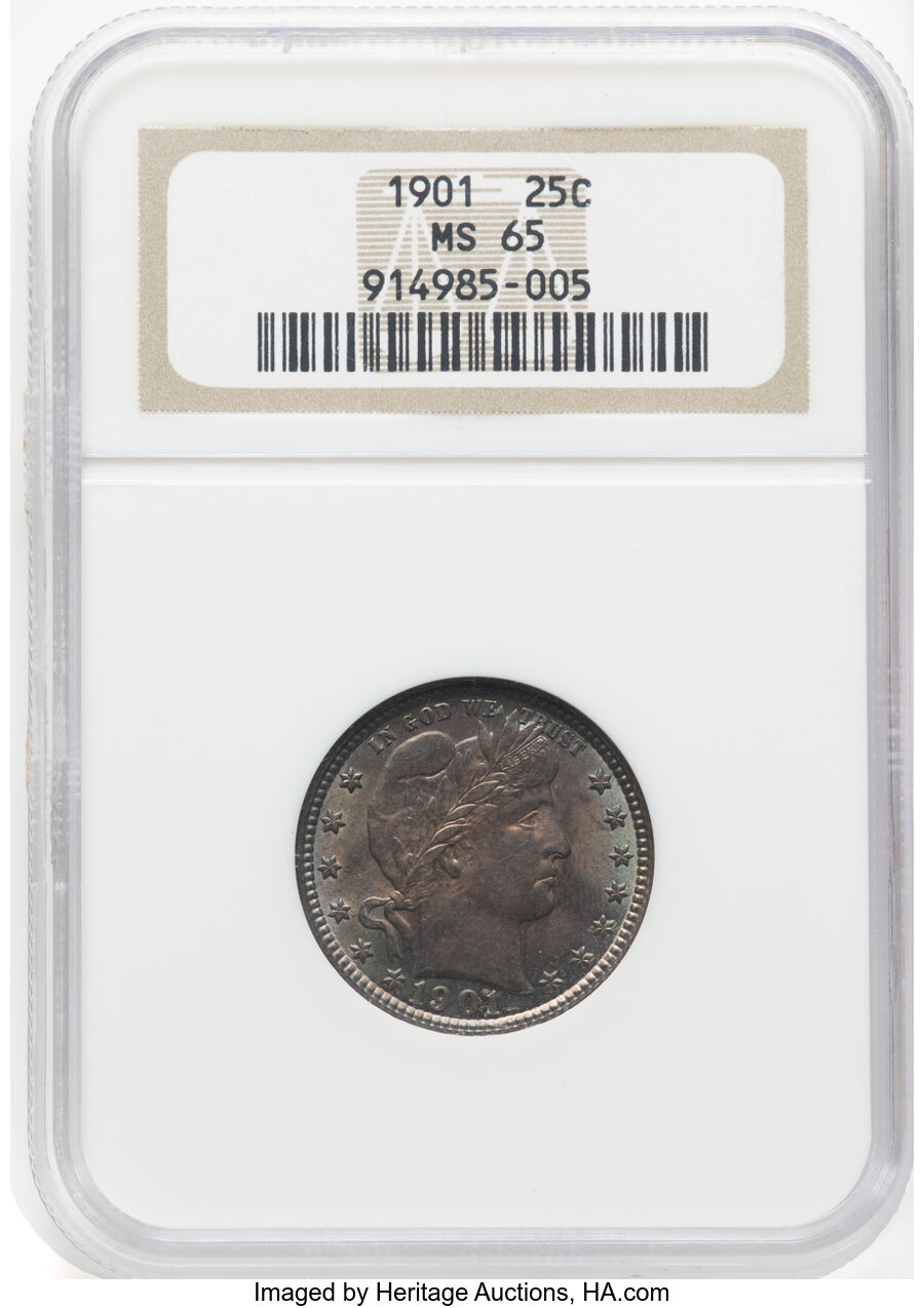 1901 25C MS65 NGC. NGC Census: (19/6). PCGS Population: (34/16). CDN: $800 Whsle. Bid for NGC/PCGS MS65. Mintage 8,892,813....