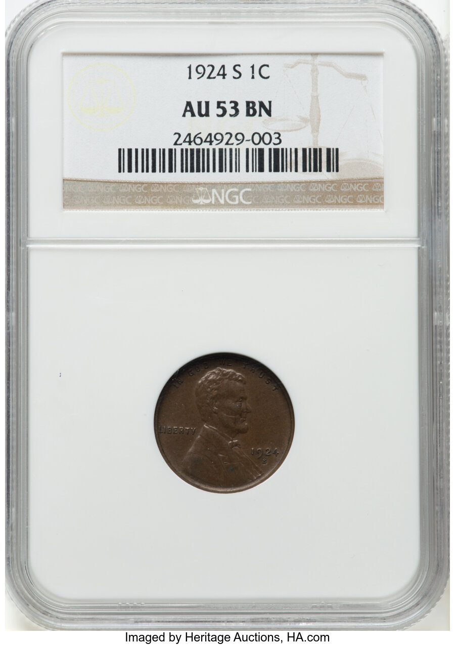1924-S 1C AU53 Brown NGC. NGC Census: (24/279). PCGS Population: (48/538). CDN: $70 Whsle. Bid for NGC/PCGS AU53. Mintage 1...