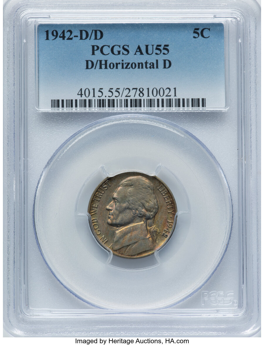 1942-D/D 5C D Over Horizontal D AU55 PCGS. PCGS Population: (25/45). NGC Census: (0/0). CDN: $325 Whsle. Bid for NGC/PCGS A...