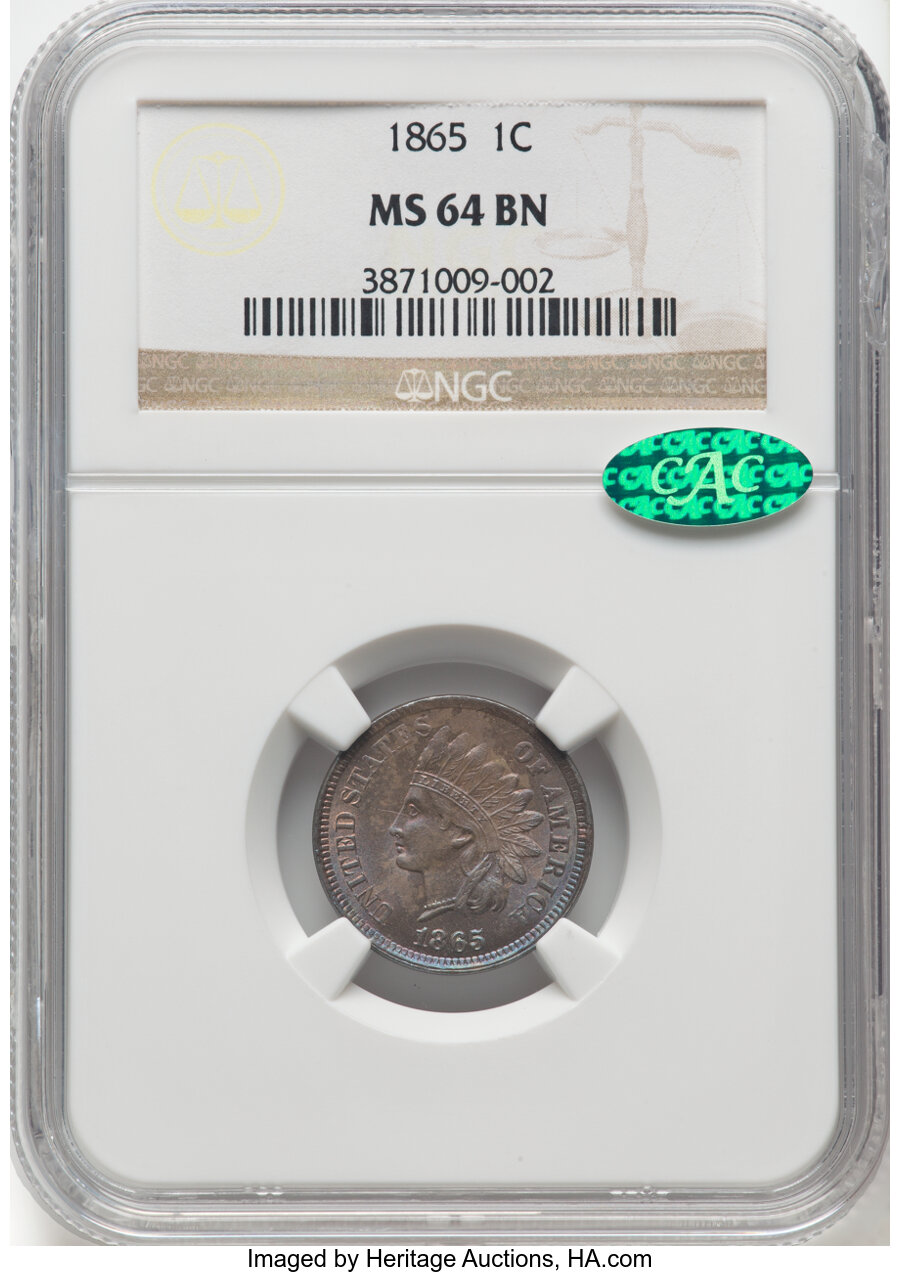 1865 1C Plain 5 MS64 Brown NGC. CAC....
