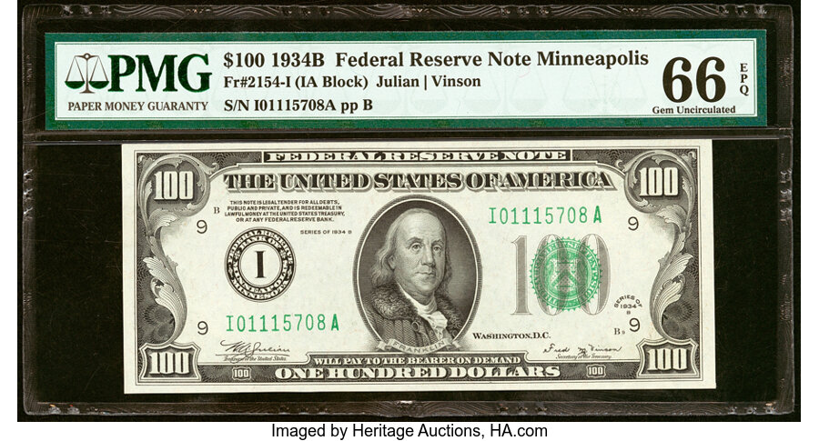 Fr. 2154-I $100 1934B Federal Reserve Note. PMG Gem Uncirculated 66 EPQ....