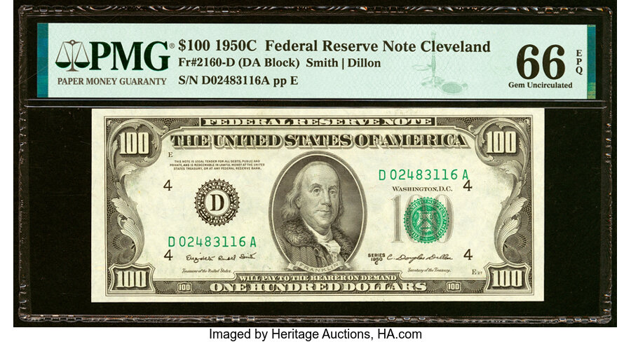 Fr. 2160-D $100 1950C Federal Reserve Note. PMG Gem Uncirculated 66 EPQ....