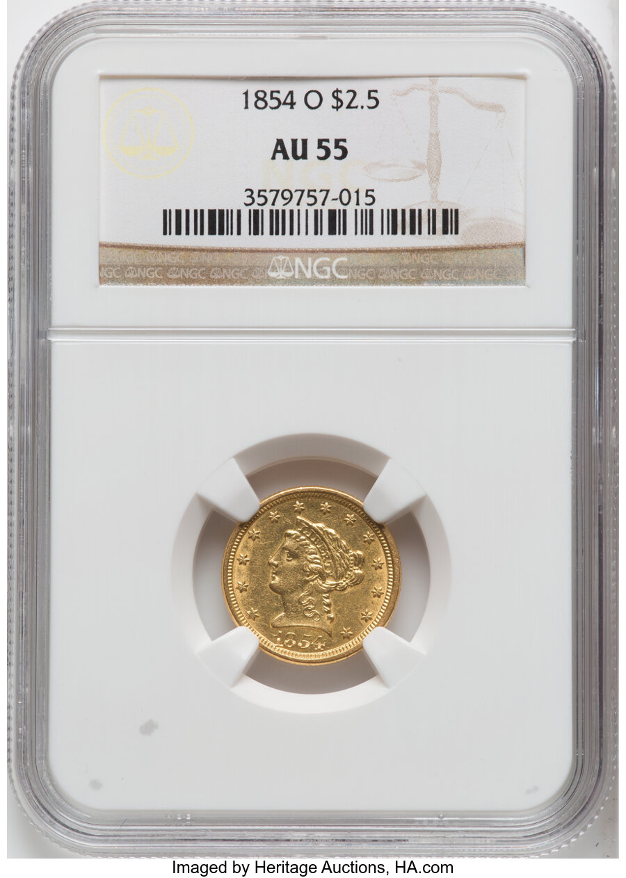 1854-O $2 1/2 AU55 NGC. NGC Census: (159/230). PCGS Population: (61/69). CDN: $875 Whsle. Bid for NGC/PCGS AU55. Mintage 15...