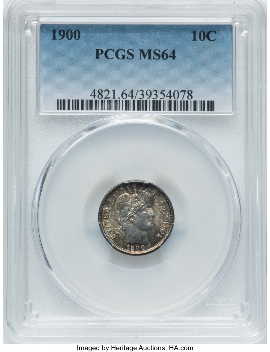 1900 10C MS64 PCGS. PCGS Population: (69/51). NGC Census: (60/42). CDN: $260 Whsle. Bid for NGC/PCGS MS64. Mintage 17,600,9...