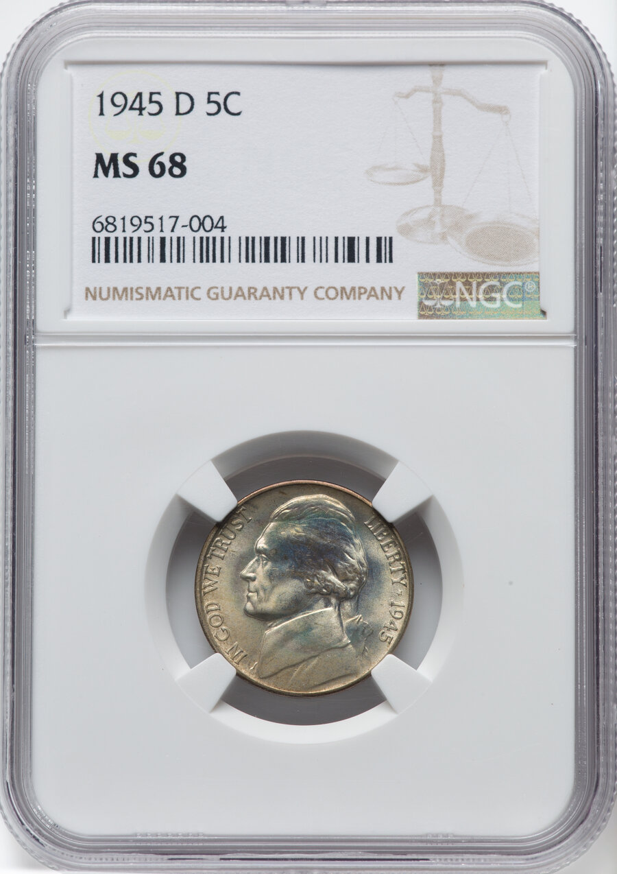 1945-D 5C MS68 NGC. NGC Census: (11/0). PCGS Population: (4/0). CDN: $1,400 Whsle. Bid for NGC/PCGS MS68. Mintage 37,158,00...