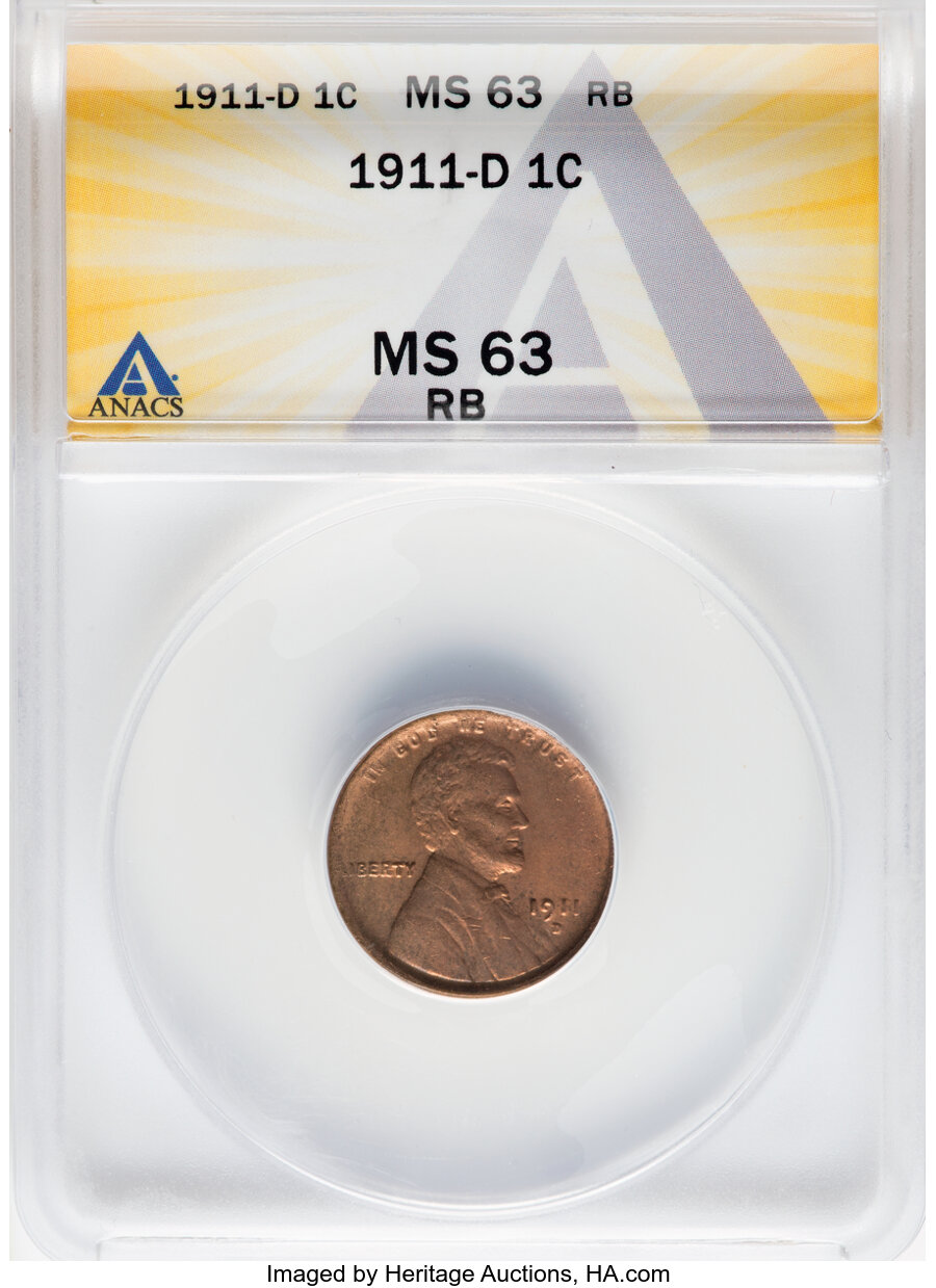 1911-D 1C MS63 Red and Brown ANACS. Mintage 12,672,000. ...