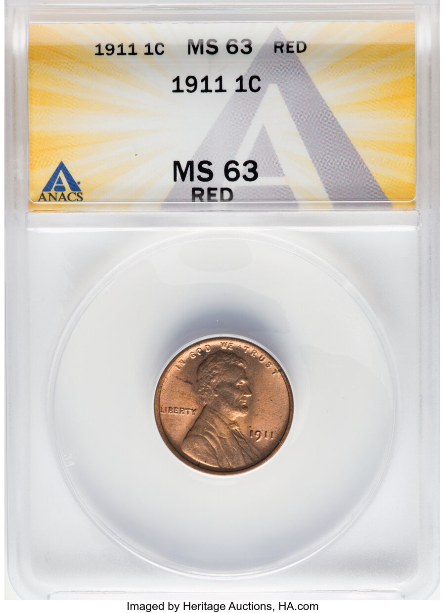 1911 1C MS63 Red ANACS. Mintage 101,177,787. ...