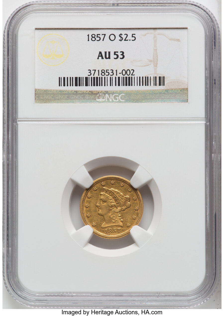 1857-O $2 1/2 AU53 NGC. NGC Census: (29/199). PCGS Population: (25/104). CDN: $1,000 Whsle. Bid for NGC/PCGS AU53. Mintage ...