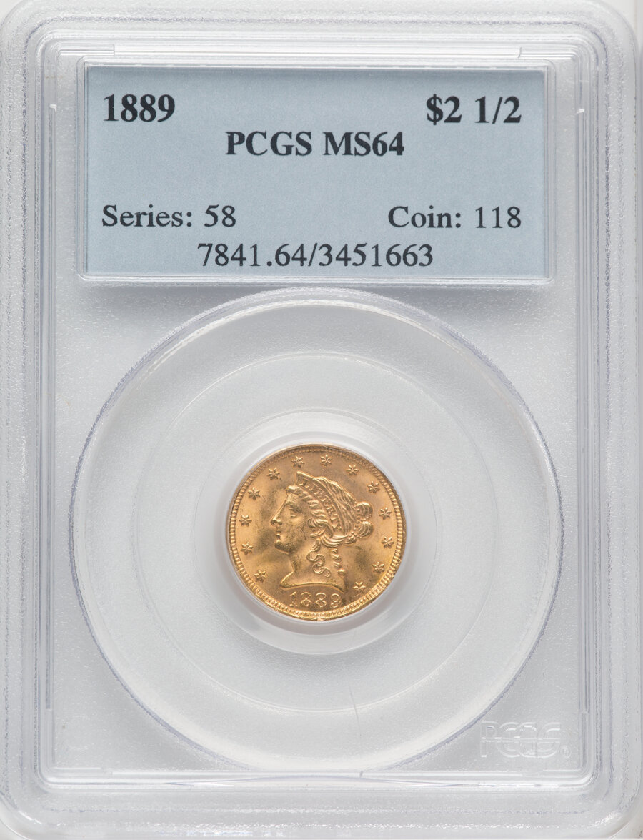 1889 $2 1/2 MS64 PCGS. PCGS Population: (67/13). NGC Census: (38/14). CDN: $1,250 Whsle. Bid for NGC/PCGS MS64. Mintage 17,...