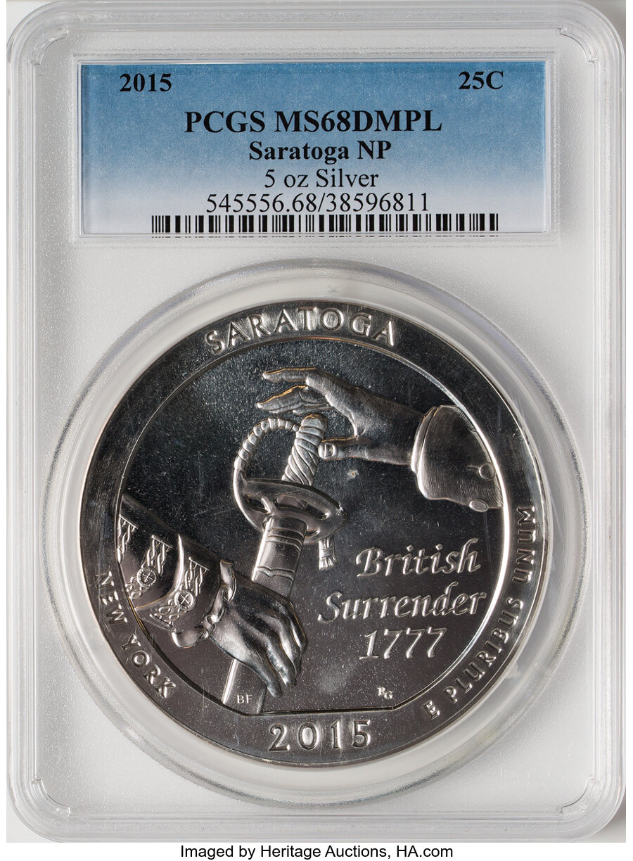 2015 25C Saratoga National Park, Five-Ounce Silver MS68 Deep Mirror Prooflike PCGS. PCGS Population: (1/39). NGC Census: (0...
