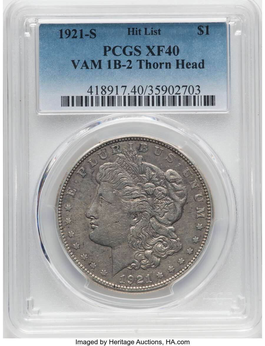 1921-S $1 Thorn Head, VAM-1B2, Hit List, XF40 PCGS. PCGS Population: (2/13). NGC Census: (0/0). XF40. Mintage 21,695,000....