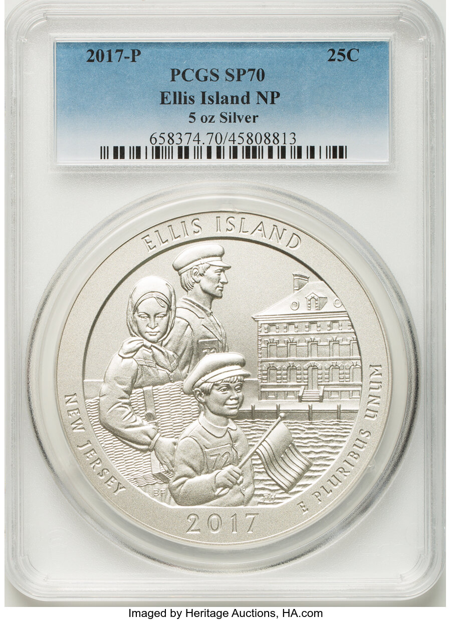 2017-P 25C Ellis Island National Park Five-Ounce Silver SP70 PCGS. PCGS Population: (36). NGC Census: (83). CDN: $247.45.Wh...