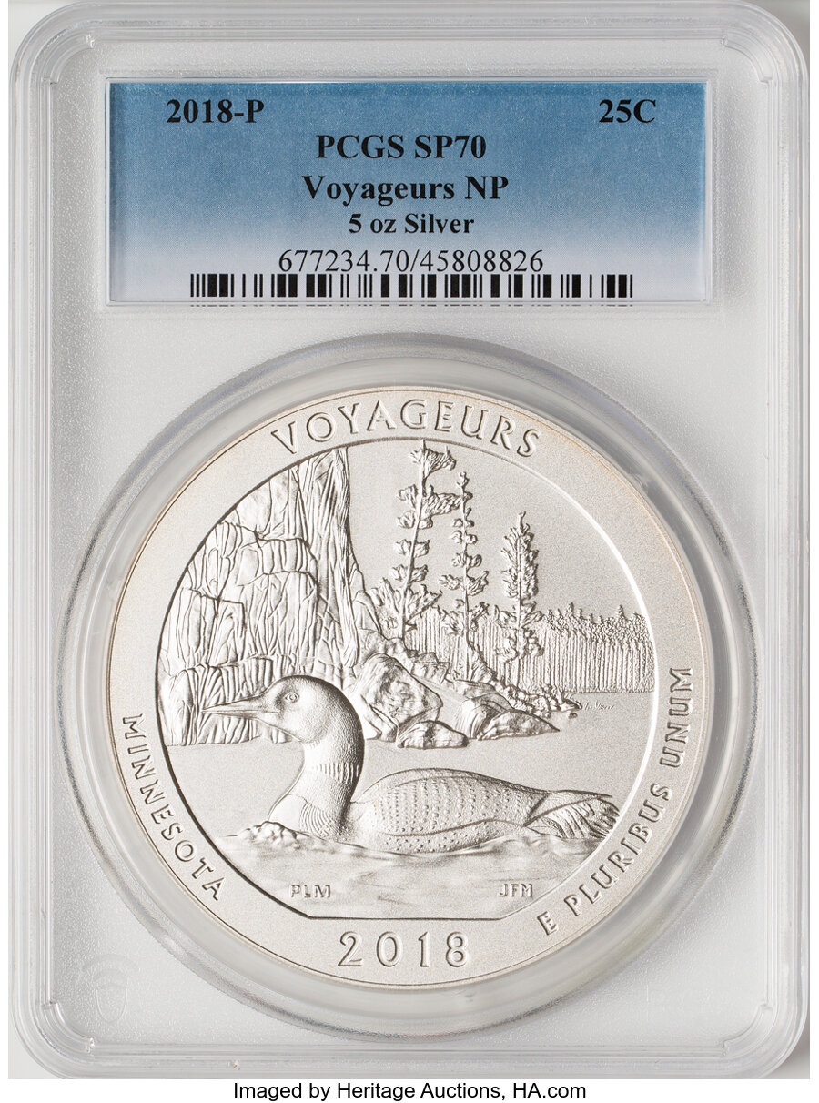 2018-P 25C Voyageurs National Park, Five-Ounce Silver SP70 PCGS. PCGS Population: (36). NGC Census: (0). CDN: $244.20.Whsle...