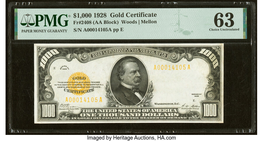 Fr. 2408 $1,000 1928 Gold Certificate PMG Choice Uncirculated 63....