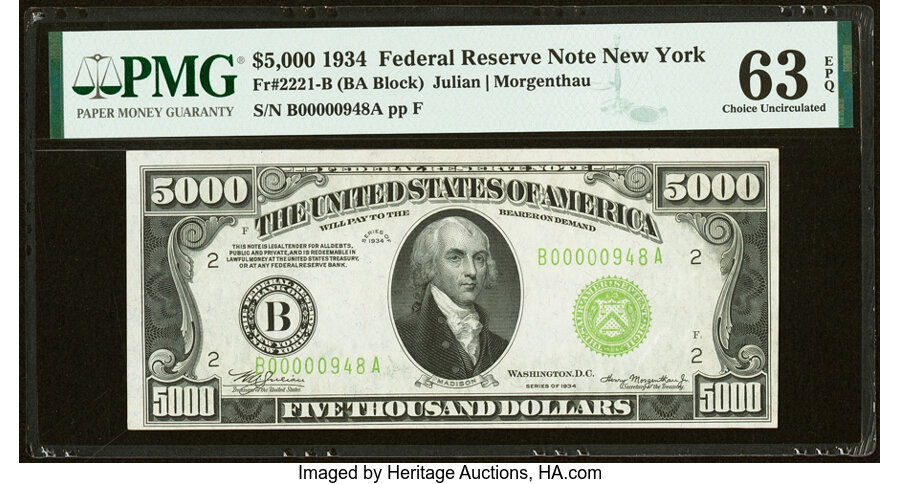 Fr. 2221-B $5,000 1934 Federal Reserve Note. PMG Choice Uncirculated 63 EPQ....