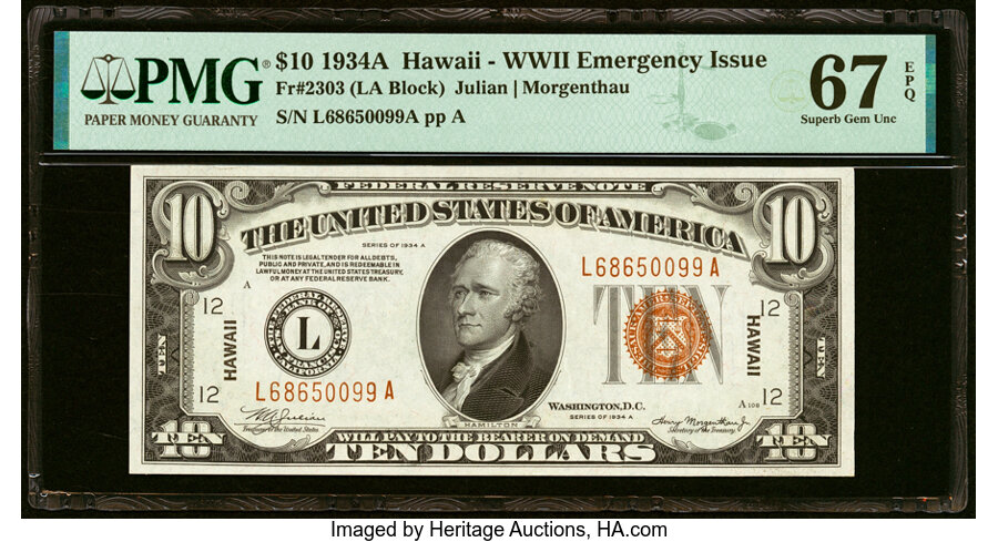 Fr. 2303 $10 1934A Hawaii Federal Reserve Note. PMG Superb Gem Unc 67 EPQ....