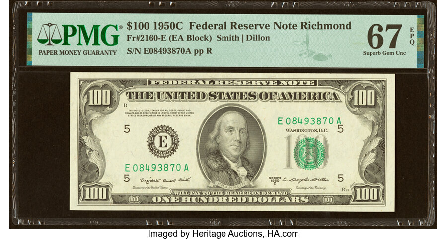 Fr. 2160-E $100 1950C Federal Reserve Note. PMG Superb Gem Unc 67 EPQ....