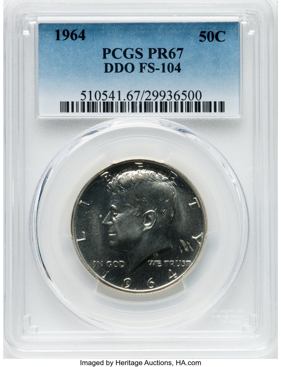 image for: 1964 50C Doubled Die Obverse, FS-104, PR67 PCGS. PCGS Population: (11/5). NGC Census: (0/0). CDN: $175 Whsle. Bid for NGC/P...