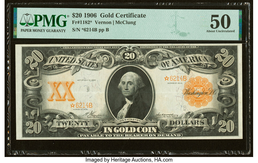 image for: Fr. 1182* $20 1906 Gold Certificate Star PMG About Uncirculated 50....
