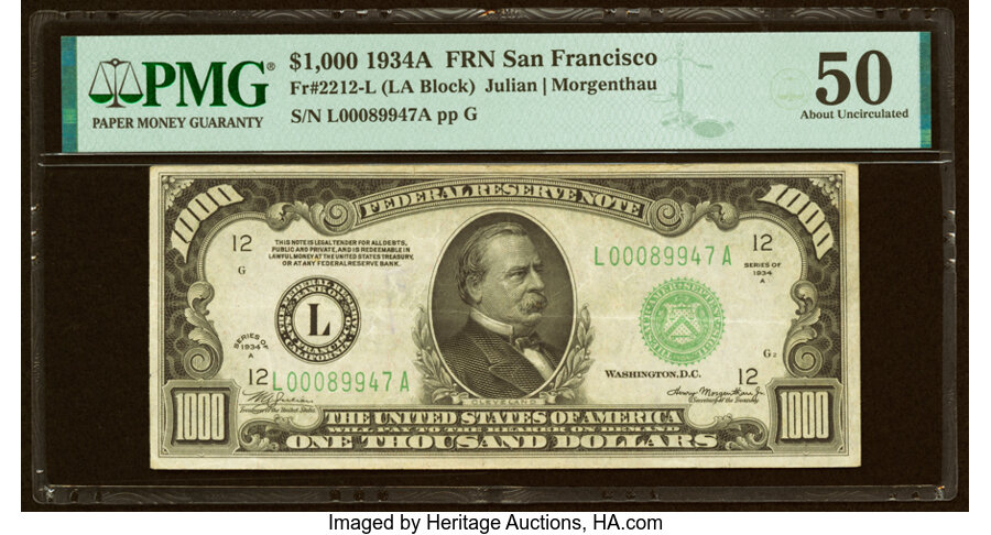 Fr. 2212-L $1,000 1934A Federal Reserve Note. PMG About Uncirculated 50....