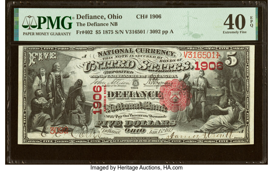 Defiance, OH - $5 1875 Fr. 402 The Defiance National Bank Ch. # 1906 PMG Extremely Fine 40 EPQ....