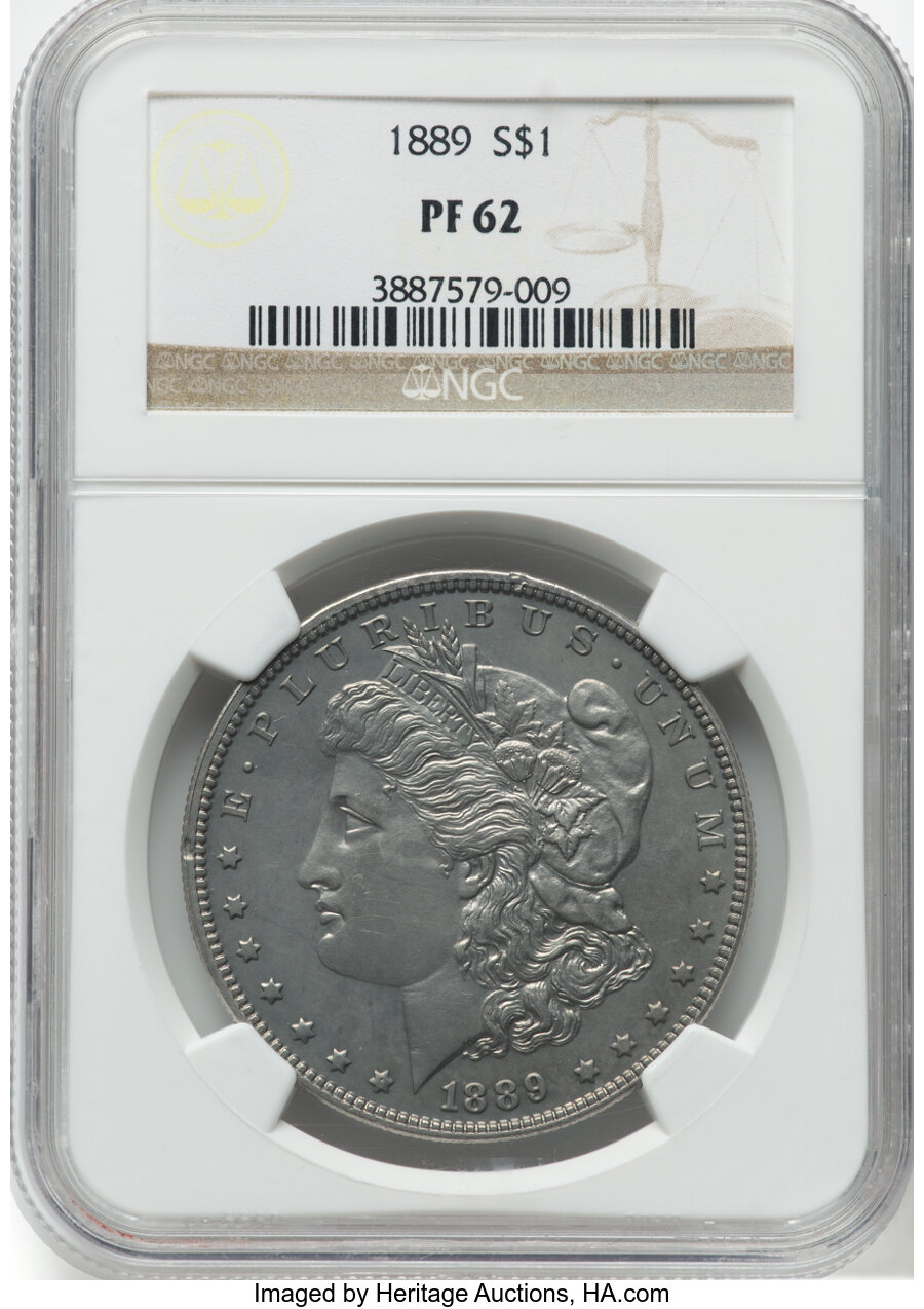 1889 $1 PR62 NGC. NGC Census: (19/122). PCGS Population: (41/128). CDN: $2,600 Whsle. Bid for NGC/PCGS PR62. Mintage 811. ...