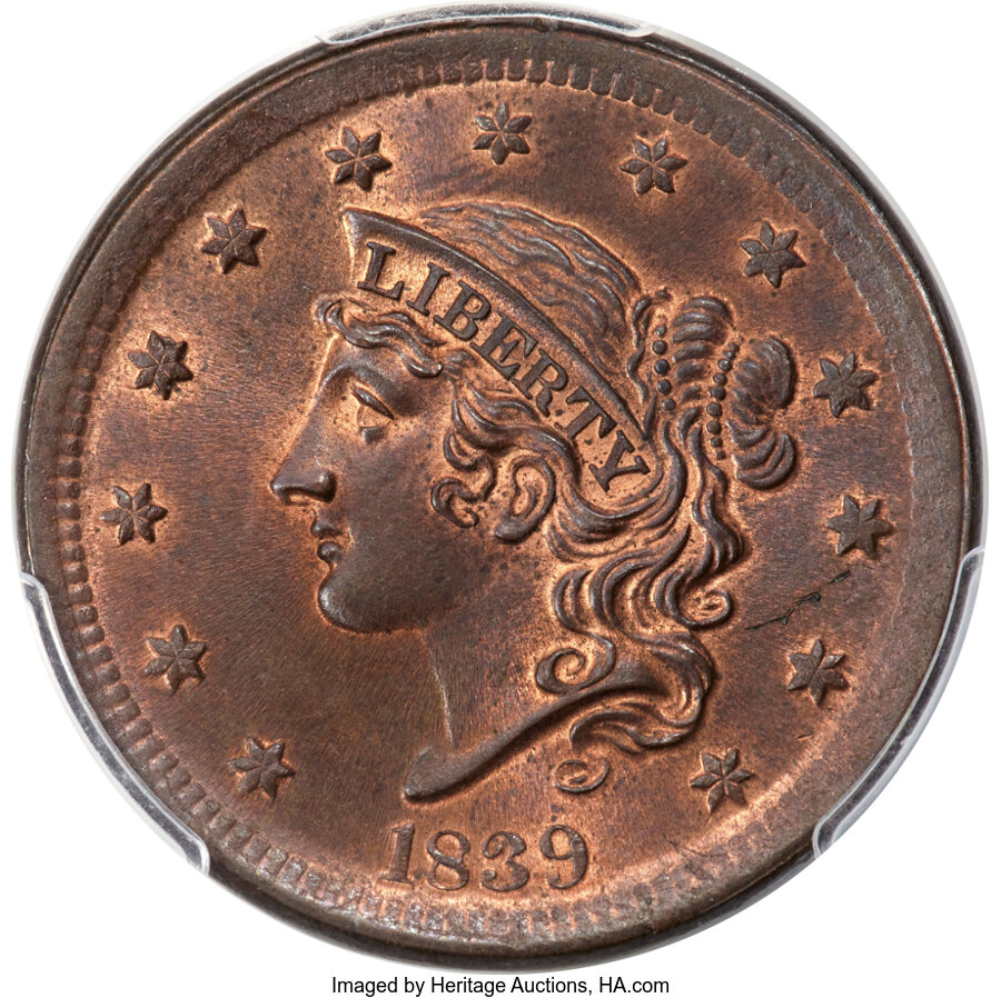 image for: 1839 1C Silly Head, N-4, R.1, MS65 Red and Brown PCGS. CAC....