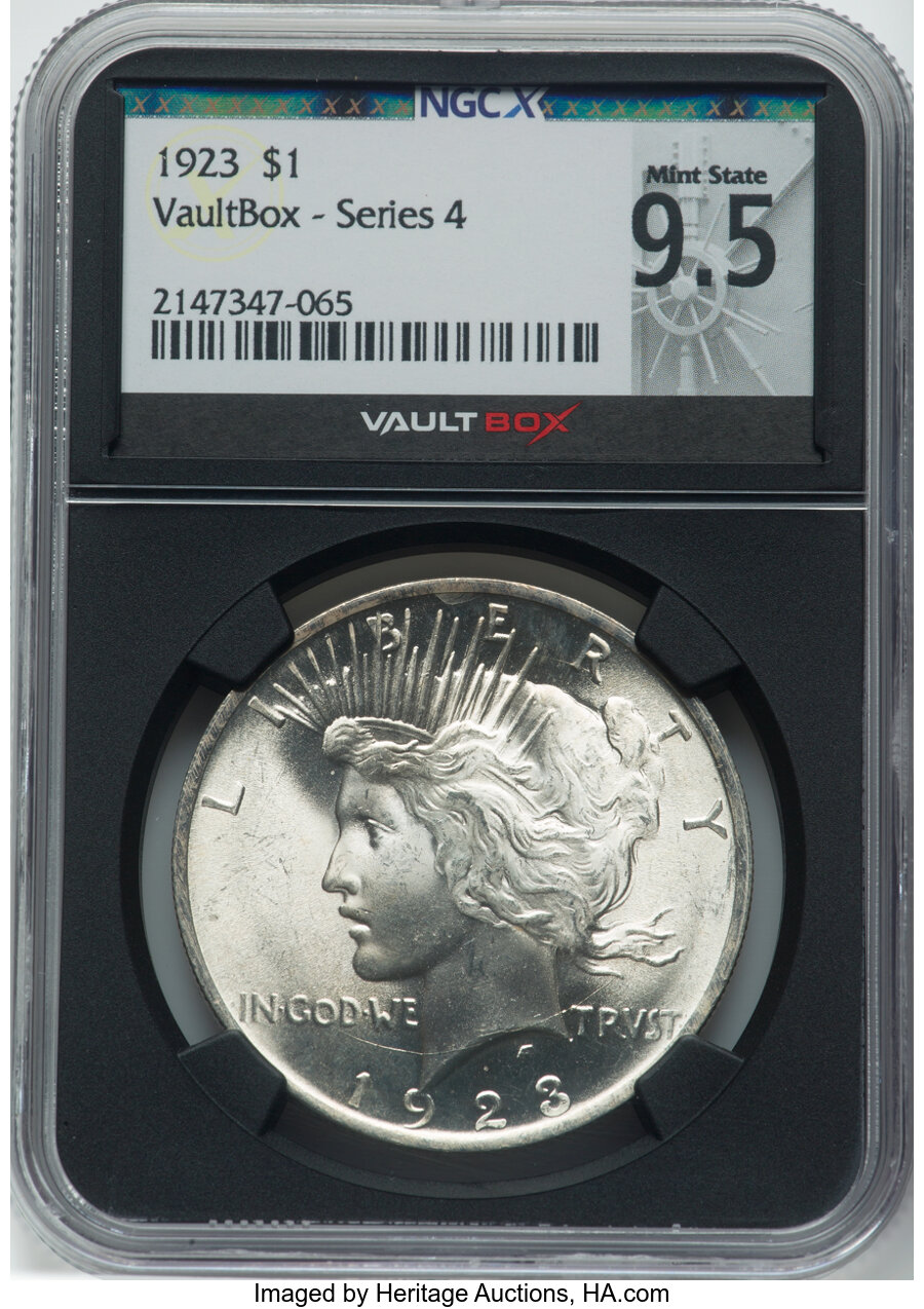 1923 $1 MS9.5 NGC. EX: VaultBox - Series 4. Mint State 9.5. NGC Census: (0/0). PCGS Population: (0/0). Mintage 30,800,000....