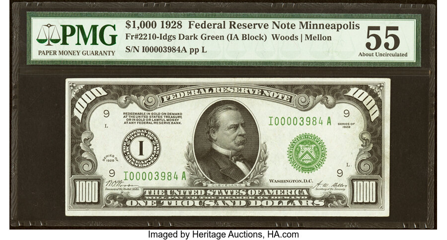 Fr. 2210-I $1,000 1928 Federal Reserve Note. PMG About Uncirculated 55....