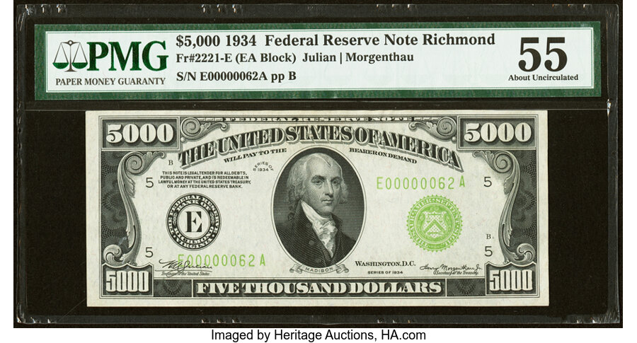 Fr. 2221-E $5,000 1934 Federal Reserve Note. PMG About Uncirculated 55....